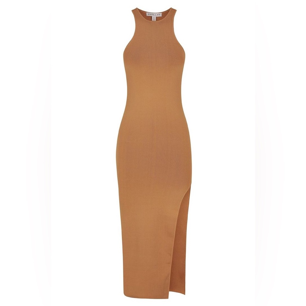 ShonaJoy Tan Strapless Bodycon Dress with Slit